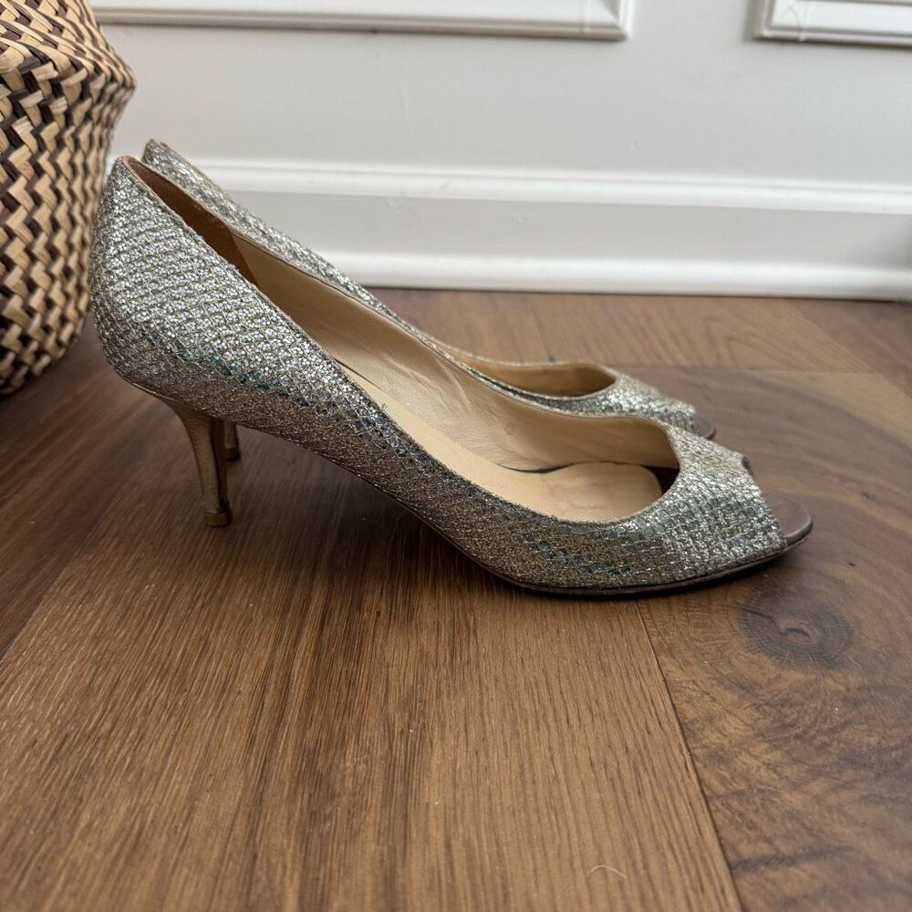 Jimmy Choo Glitter Fabric Isabel Peep Toe Pumps Heels 39.5 - Picture 2 of 11